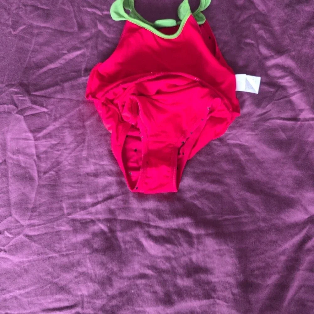 Gymboree Bright Red Strawberry One-Piece Swimsuit with Green Ruffle and Skirt